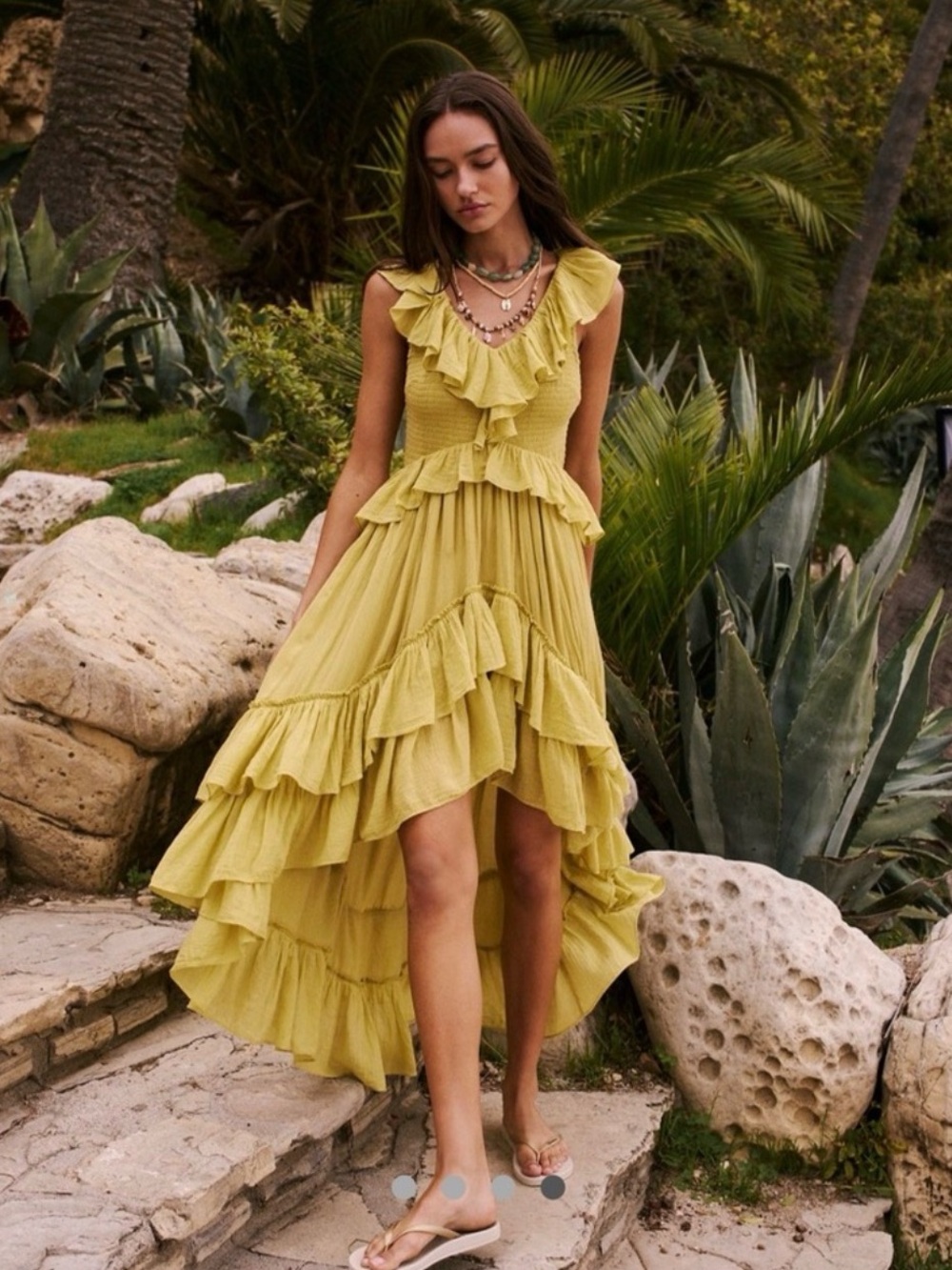 Free People Sunsational Ruffle High Low Midi Dress Chartreuse Green